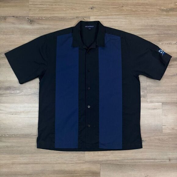 Vintage Men's L Rolling Stones Embroidered Bowling Shirt Blue Retro Wide Stripe - Picture 2 of 6